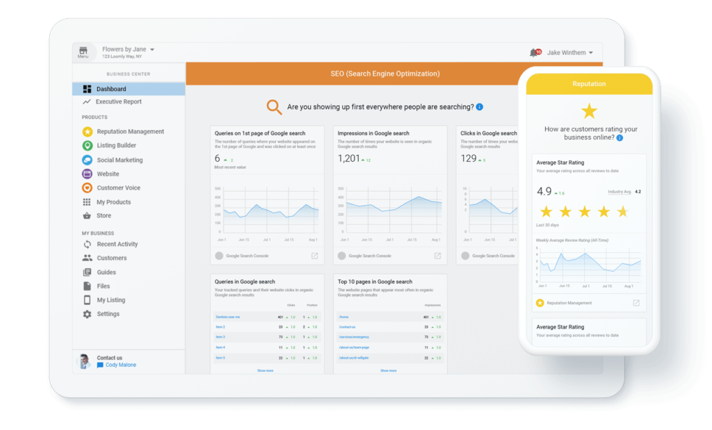 Preview of Marketing Backend's digital marketing dashboard on desktop and mobile
