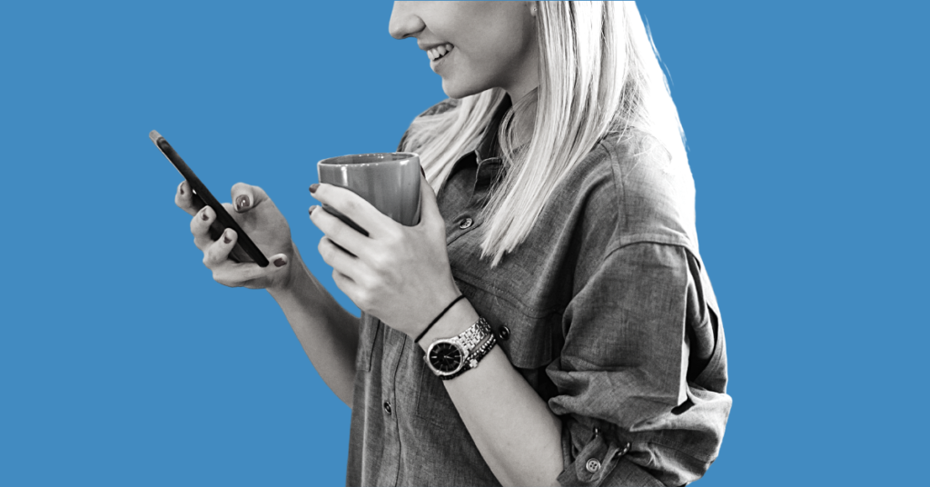 Decorative image of woman using social media and drinking coffee