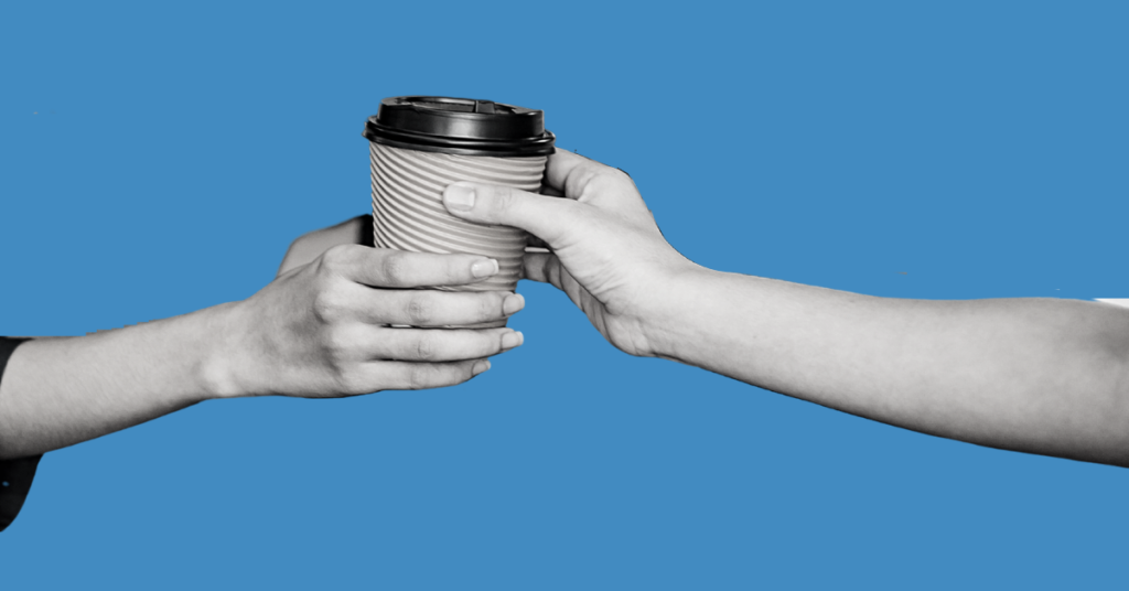 Graphic of person handing coffee cup to someone