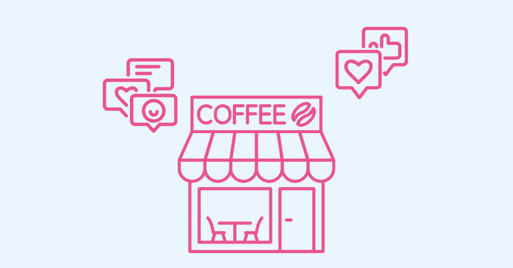 Decorative graphic of coffee shop with social media interactions surrounding it