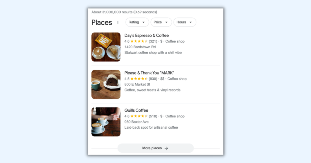 Screenshot of the Google 3-pack for a local coffee shop search.