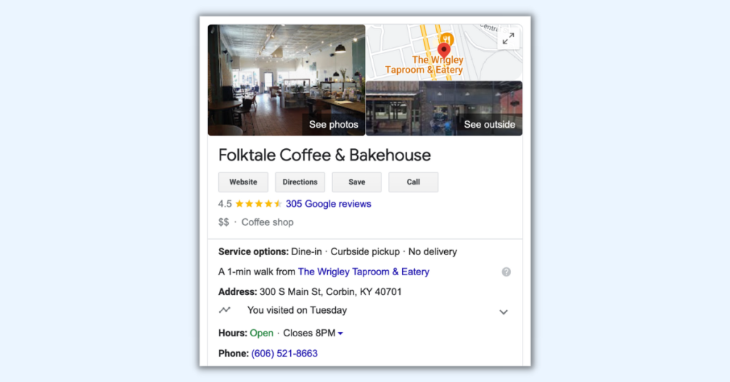 Screenshot of google business listing of local coffee shop