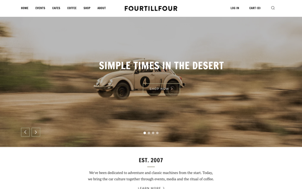 screenshot of the homepage of fourtillfour's coffee shop website