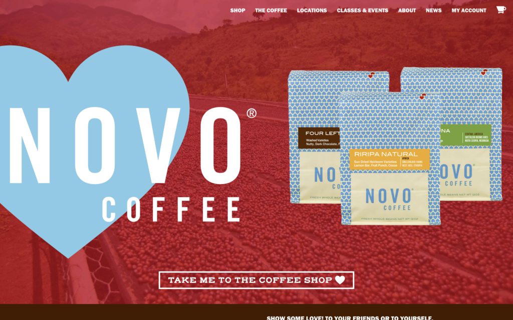 screenshot of the homepage of novo's coffee shop website