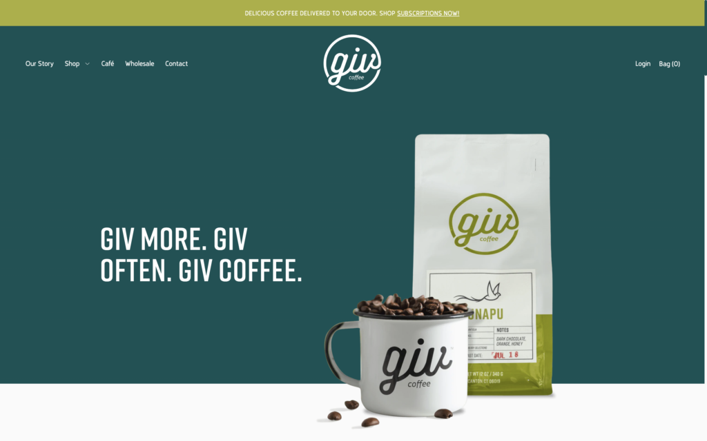 screenshot of the homepage of giv's coffee shop website