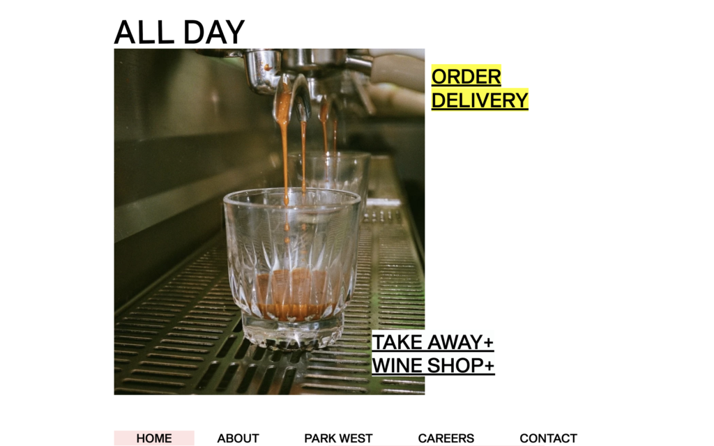 screenshot of the homepage of all day's coffee shop website