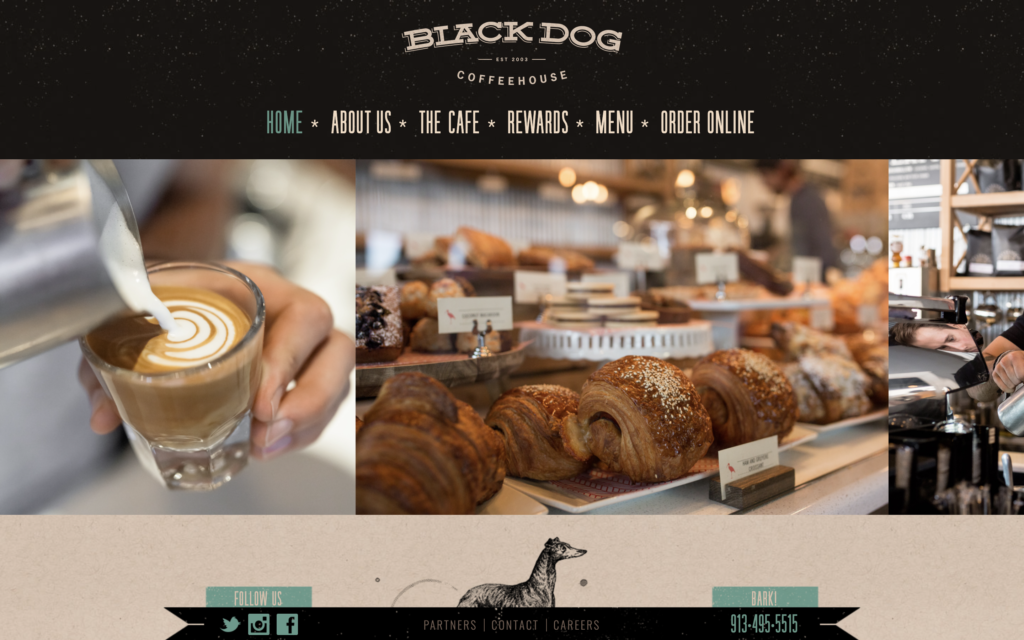 screenshot of the homepage of black dog's coffee shop website