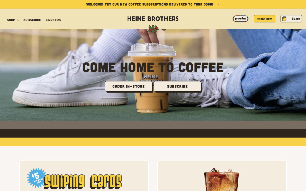 screenshot of the homepage of heine bros' coffee shop website
