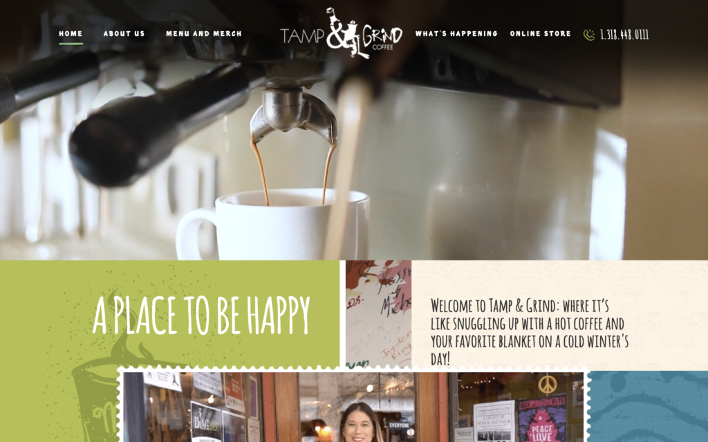 screenshot of the homepage of tamp and grind's coffee shop website