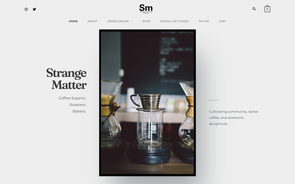 screenshot of the homepage of strange matter's coffee shop website