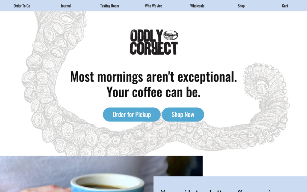 screenshot of the homepage of oddly correct's coffee shop website