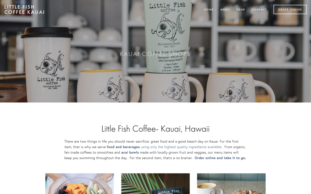 screenshot of the homepage of little fish's coffee shop website