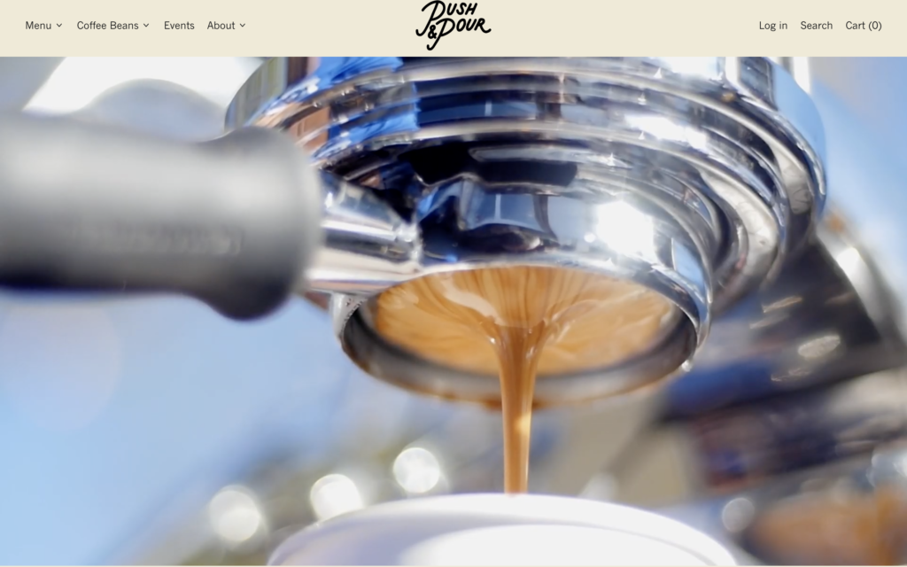 screenshot of the homepage of push and pours' coffee shop website