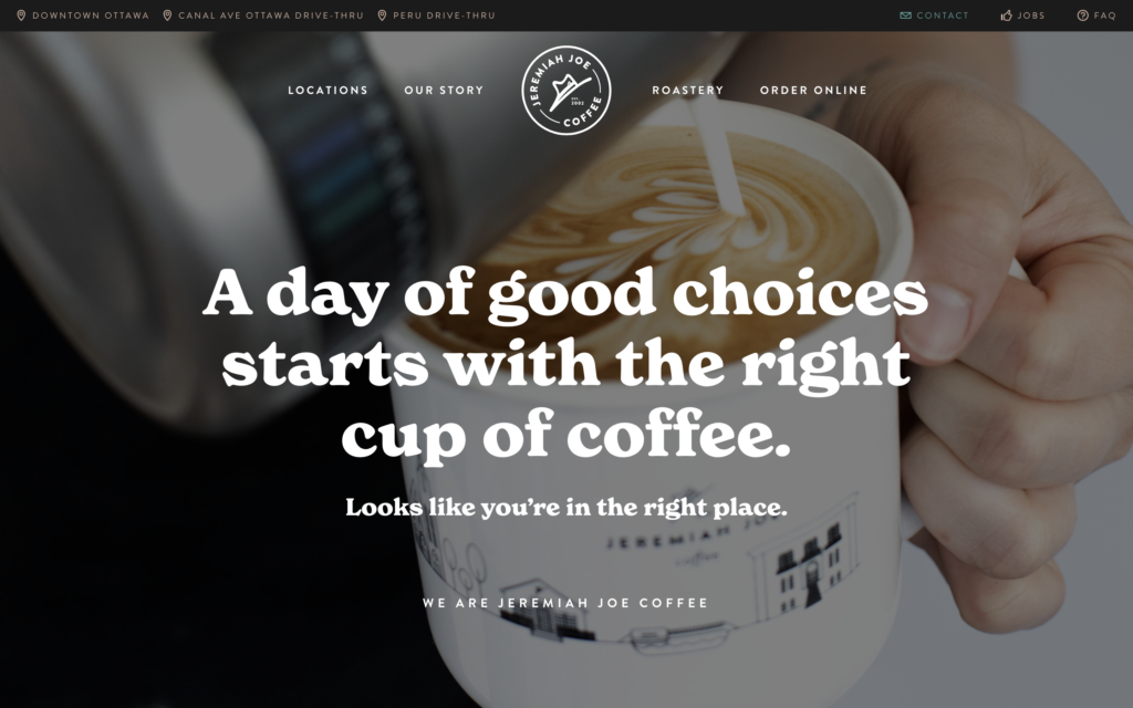 screenshot of the homepage of jeremiah joe's coffee shop website