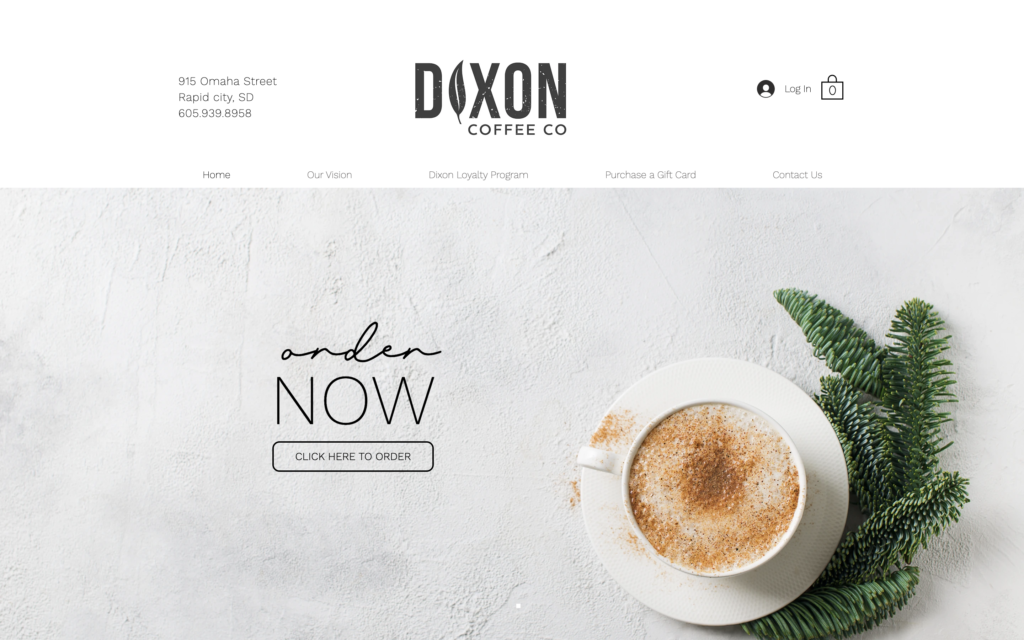 screenshot of the homepage of dixon's coffee shop website