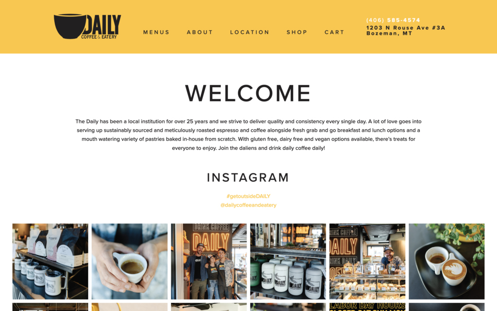 screenshot of the homepage of the daily's coffee shop website