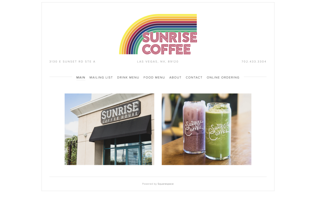 screenshot of the homepage of sunrise's coffee shop website