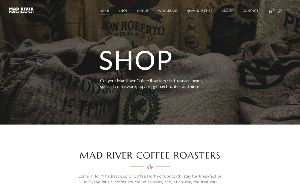 screenshot of the homepage of mad river's coffee shop website