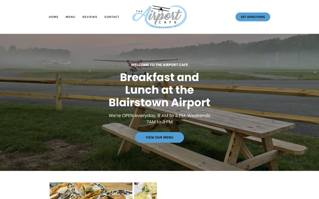 screenshot of the homepage of the airport cafe's coffee shop website