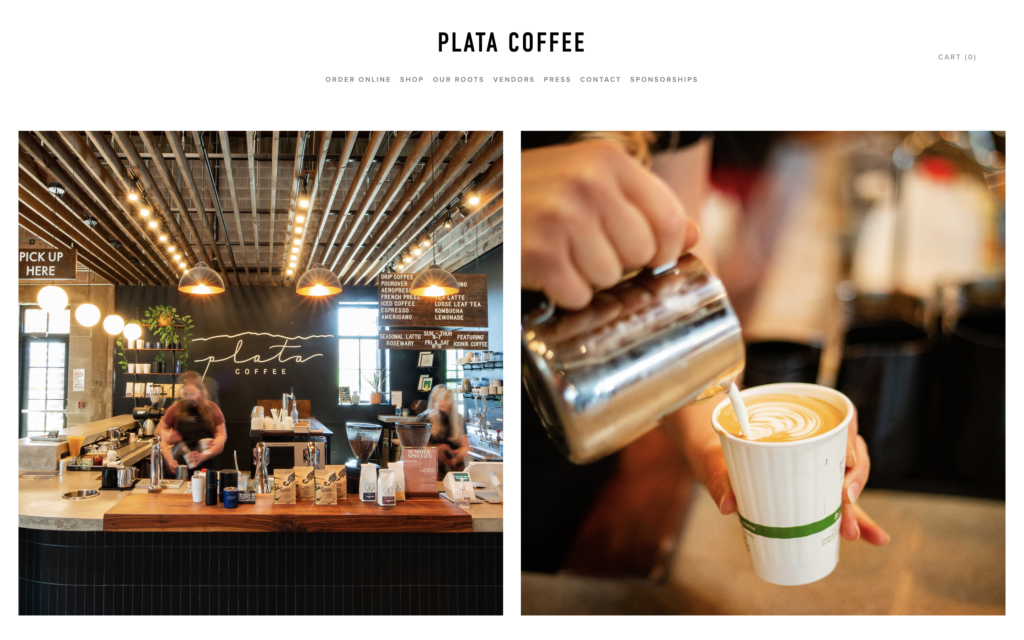 screenshot of the homepage of plata's coffee shop website