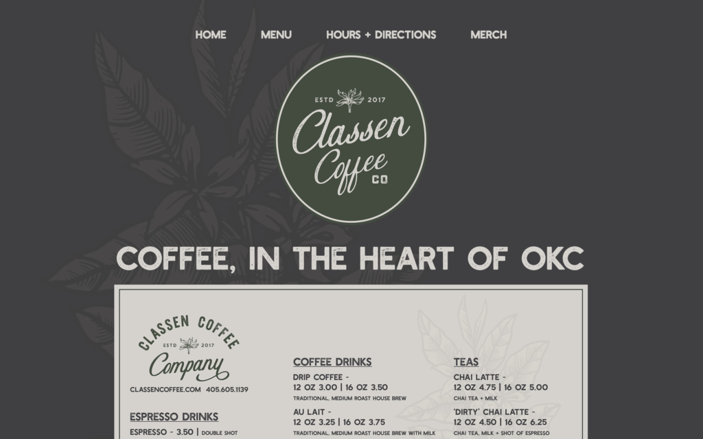 screenshot of the homepage of classen's coffee shop website
