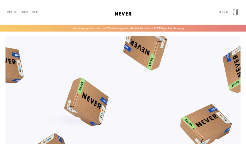 screenshot of the homepage of never's coffee shop website