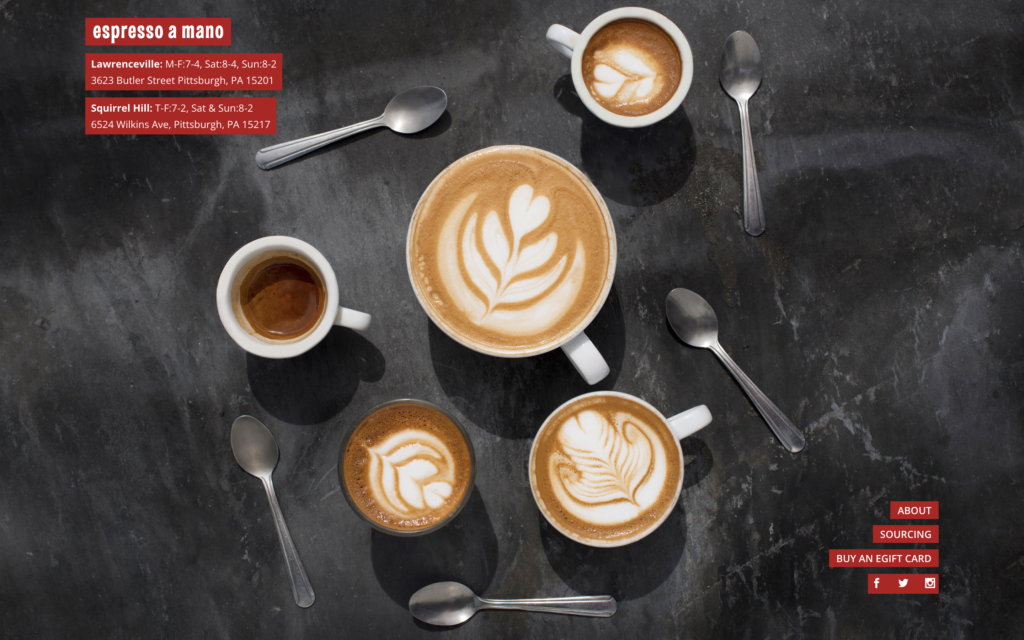 screenshot of the homepage of espresso a mano's coffee shop website