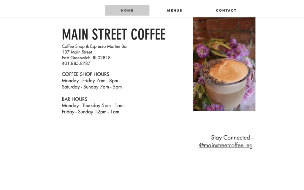 screenshot of the homepage of mainstreet's coffee shop website