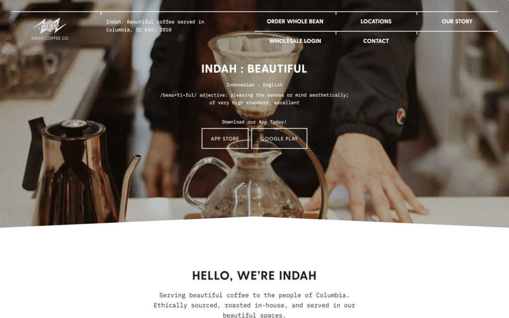 screenshot of the homepage of indah's coffee shop website
