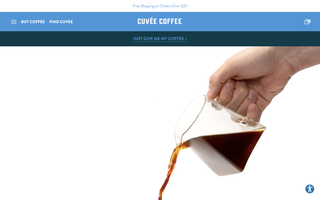 screenshot of the homepage of cuvee's coffee shop website