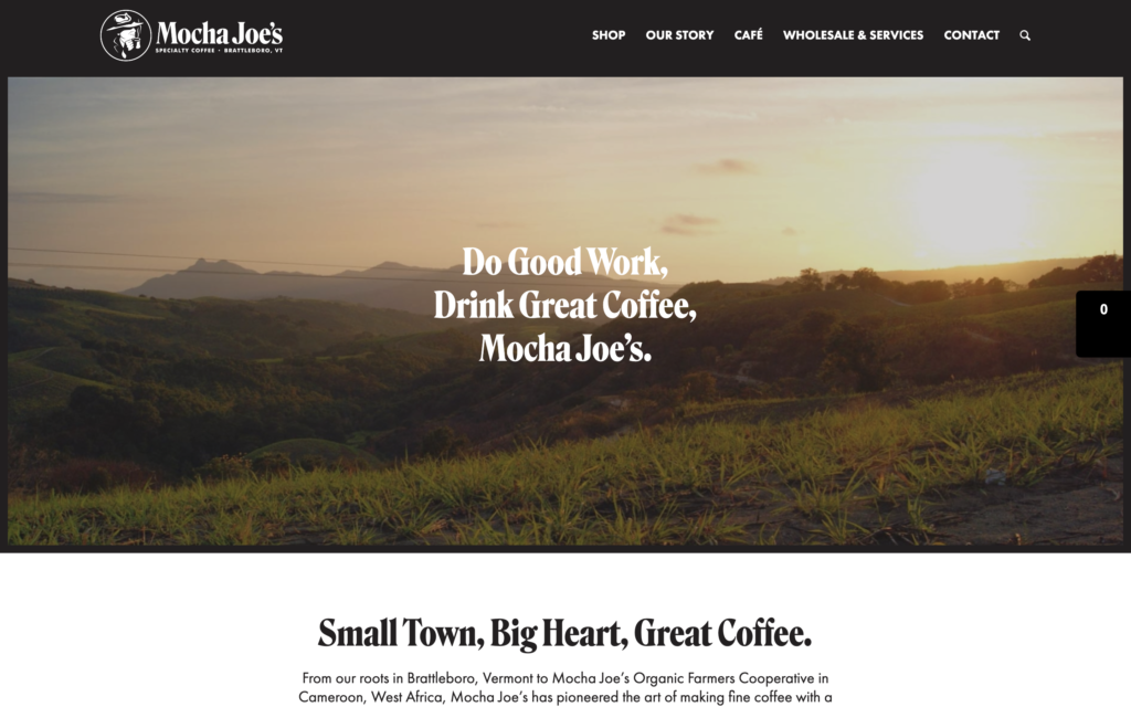 screenshot of the homepage of mocha joe's coffee shop website