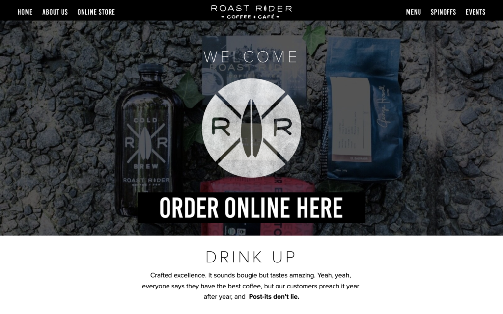 screenshot of the homepage of roast rider's coffee shop website