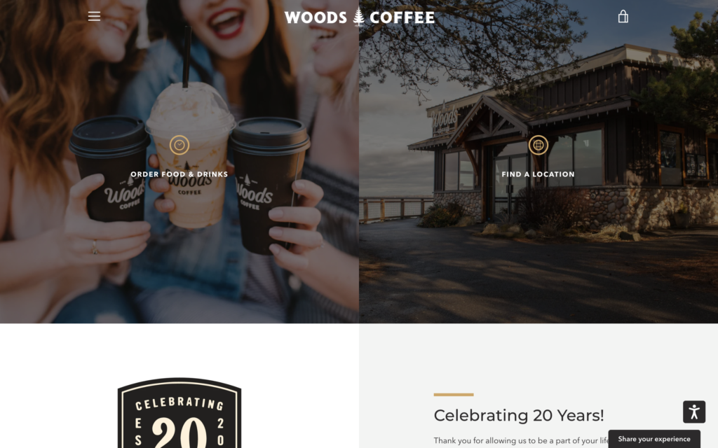 screenshot of the homepage of woods' coffee shop website
