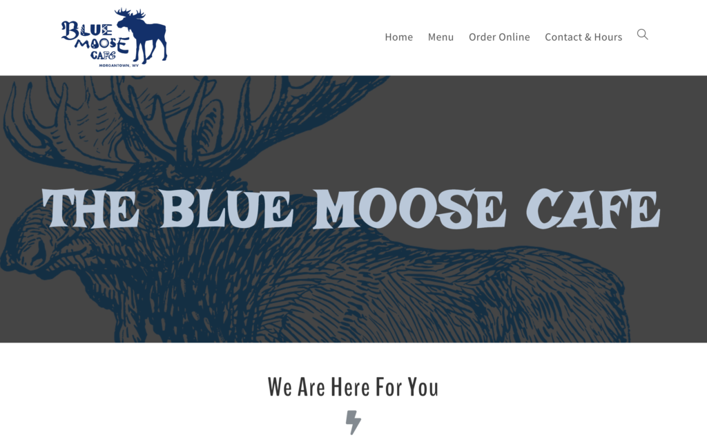 screenshot of the homepage of blue moose's coffee shop website