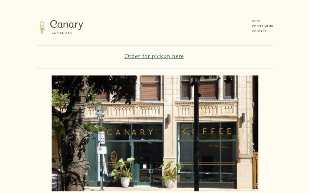 screenshot of the homepage of canary's coffee shop website