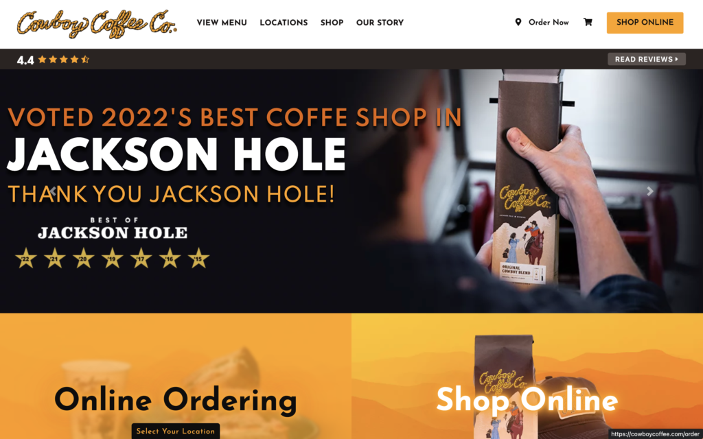 screenshot of the homepage of cowboy coffee's coffee shop website